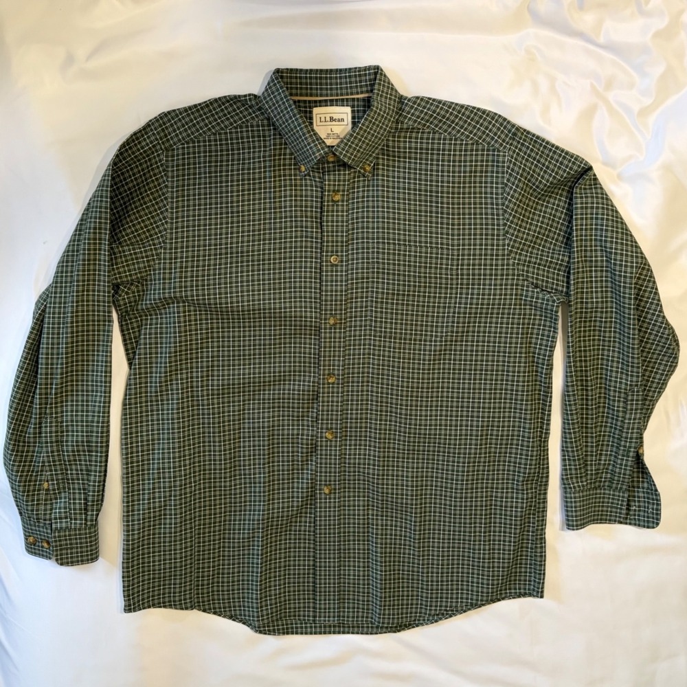 LL Bean Mens Large Green White Micro Grid Check Cotton Button Down Shirt OM778